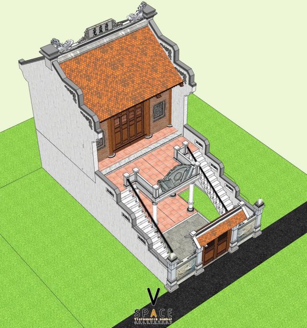 Bản vẽ thiết kế nhà thờ họ 2 tầng 2 mái tại Huyện Đông Hưng, Thái Bình với cổng tam quan đá