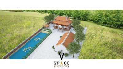 Phối cảnh nhà thờ họ 2 tầng 8 mái kết hợp ao sen tại Huyện Đăk Glong, Đắk Nông