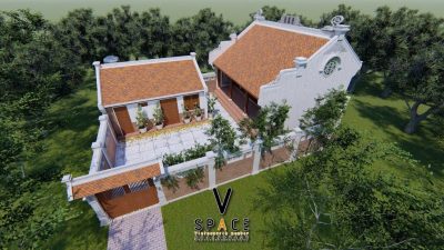 Phối cảnh 3D nhà thờ họ 3 gian 2 mái kết hợp nhà phụ trợ tại xã Thạch Lạc, Hà Tĩnh