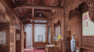 Phối cảnh 3D nhà từ đường 3 gian 2 mái giả gỗ 135m2 tại phường Cẩm Phả, Quảng Ninh