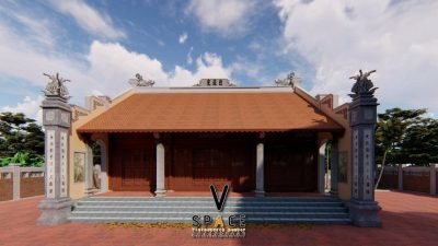 Phối cảnh 3D nhà từ đường 3 gian 2 mái giả gỗ 135m2 tại phường Cẩm Phả, Quảng Ninh