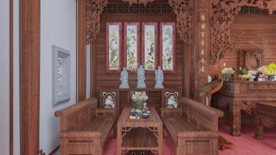 Phối cảnh 3D nhà từ đường 3 gian 2 mái giả gỗ 135m2 tại phường Cẩm Phả, Quảng Ninh