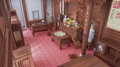 Phối cảnh 3D nhà từ đường 3 gian 2 mái giả gỗ 135m2 tại phường Cẩm Phả, Quảng Ninh