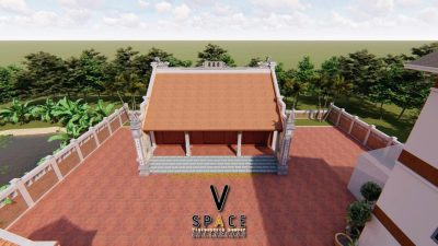 Phối cảnh 3D nhà từ đường 3 gian 2 mái giả gỗ 135m2 tại phường Cẩm Phả, Quảng Ninh