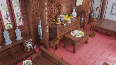 Phối cảnh 3D nhà từ đường 3 gian 2 mái giả gỗ 135m2 tại phường Cẩm Phả, Quảng Ninh