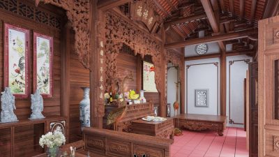 Phối cảnh 3D nhà từ đường 3 gian 2 mái giả gỗ 135m2 tại phường Cẩm Phả, Quảng Ninh