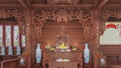 Phối cảnh 3D nhà từ đường 3 gian 2 mái giả gỗ 135m2 tại phường Cẩm Phả, Quảng Ninh