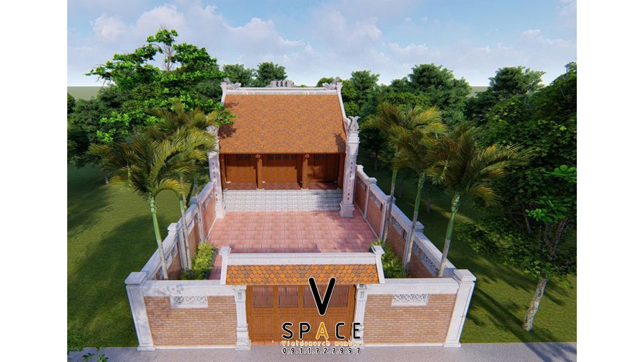 Bản vẽ 3D nhà thờ họ 3 gian 2 mái có sân rộng tại Phường Quy Nhơn Đông, Gia Lai
