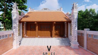 Bản vẽ 3D nhà thờ họ 3 gian 2 mái có sân rộng tại Phường Quy Nhơn Đông, Gia Lai