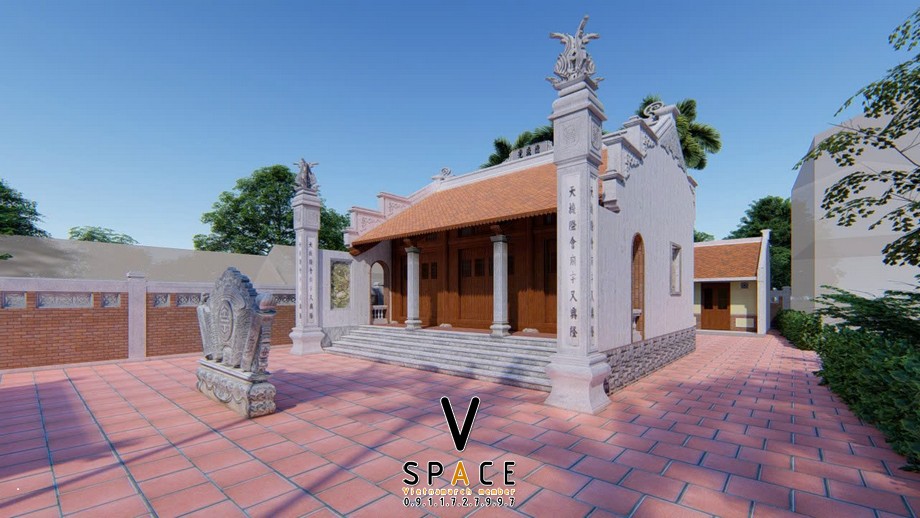 Phối cảnh 3D nhà thờ họ 3 gian 2 mái có tắc môn đá tại Phường Cam Ly - Đà Lạt, Lâm Đồng