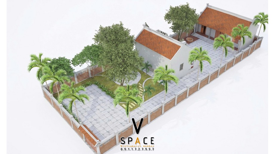 Mặt tiền nhà thờ họ được thiết kế theo phong cách kiến trúc truyền thống, nổi bật với hệ mái dốc hai chiều lợp ngói đất nung màu đỏ cam, tạo cảm giác ấm cúng và gần gũi. Phần mái có đầu hồi và các chi tiết trang trí mang nét kiến trúc Á Đông, kết hợp cùng hệ cột và tường sơn trắng, làm nổi bật sắc nâu trầm của cửa gỗ và các mảng gỗ phía mặt tiền. Bậc tam cấp dẫn vào sảnh chính được bố trí cân đối, tạo sự trang nghiêm cho không gian thờ tự. Đặc biệt, sự kết hợp giữa tường trắng, mái ngói đỏ, cửa gỗ nâu cùng khoảng sân rộng phía trước giúp mặt tiền giữ được vẻ mộc mạc, thanh tịnh nhưng vẫn có điểm nhấn. Tổng thể công trình thể hiện rõ tinh thần nhà thờ họ truyền thống, đề cao sự trang trọng, cân bằng và cảm giác bền vững theo thời gian.