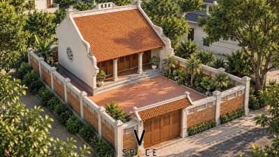 Phối cảnh nhà thờ họ 3 gian 2 mái kết hợp sân có tiểu cảnh tại Xã Tân Hưng, Tây Ninh