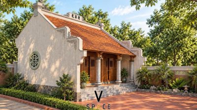 Phối cảnh nhà thờ họ 3 gian 2 mái kết hợp sân có tiểu cảnh tại Xã Tân Hưng, Tây Ninh